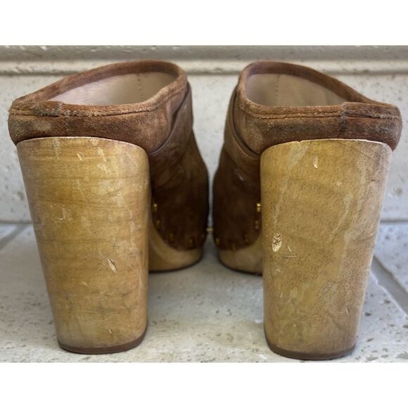 Veronica Beard Dacey Heeled Slip On Clogs Brown Suede Clogs Gold Accents Sz 11 - Picture 7 of 15